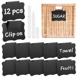 12 Pcs Basket Labels for Storage Bins, Black Removable Bin Labels with White Chalk Markers, Reusable Clip On Labels, Erasable Basket Tags for Fabric Storage, Pantry, Organization Box
