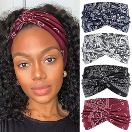 STGDAK Boho Bandana Headband For Women Wide Headbands Knotted Turban Head Wraps Cute Head Scarf Hairband Paisley Fashion Hair Wrap Turban Bands Workout Bandana Hair Accessories For Women 4 Pack