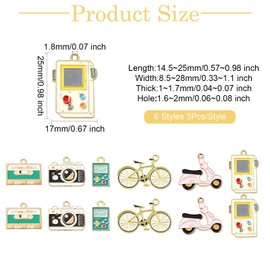 Ipotkitt 30pcs 6 Styles Retro Themed Enamel Charms Metal Bicycle Camera Charms Cute Game Machine Charms for DIY Craft Necklace Earring Jewellery Making