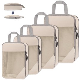 WUFANC Pack of 4 Packing Cubes, Compression, Suitcase Organiser, Packing Bags Set, Easy to Store, Breathable, Visible Mesh Suitcase Organiser Set, Durable Mesh Travel Organiser (Beige)