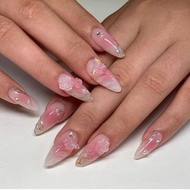 Ombre Pink Press on Nails Medium Almond False Nails with Flower Butterfly Charm Design Pearl Fake Nails Water Ripple Glue on Nails Glossy Reusable Summer Stick on Nails for Women Girls Manicure 24Pcs