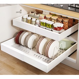 Seinloes 2 Pack Pull out Cabinet Organizer 21"Deep With Raising Pad for Framed Cabinets, Expandable Slide out Drawers for Kitchen Cabinets with 4pcs Divider Racks, Roll out Shelves 12.1"-20.4" W White