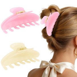 2 PCS Large Acetate Claw Clips - 4-Inch Hair Clips for Women, Off-White & Pink Solid Color Claw Clips for Thick Fine Hair & Updos, Strong Hold&Non-slip, Cute Aesthetic Hair Accessories Gifts for Girls
