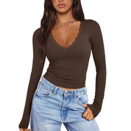 PINKMSTYLE Women's Sexy V Neck Lace Tops Tight Double Lined Fashion Casual Long Sleeve Shirts Party Clothes Fall Tops Dark Brown Medium