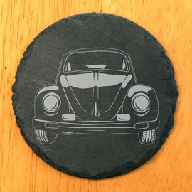 Vintage VW Beetle Slate Coasters Set - Retro Laser-Etched Drink Mats for Car Enthusiasts & Home Decor - Round Slate - set of 6