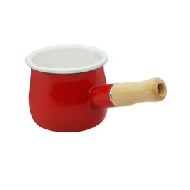 Enamel Milk Pan, Mini Butter Warmer 10cm Enamelware Saucepan Pan Cookware with Wooden Handle, Perfect Size for Heating Smaller Liquid portions. (Red)