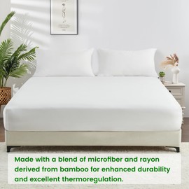 LINENOVA 3-Piece Bamboo Fitted Sheet Set - Queen, 2000TC Ultra Soft & Breathable, Ideal for Hot Sleepers 40cm Deep Pocket, Includes 2 Pillowcases (48x74cm) - White