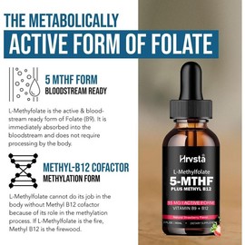 HOT! HRVSTA L Methyl Folate 15mg Plus Methyl B12 Cofactor – Organic Berry Flavor, High Potency Liquid Sublingual Active 5-MTHF Form - Supports Mood, Methylation, Cognition – Bioactive Forms Vitamin B9 & B12 (1oz) Healthcare Calcium collagen peptide
