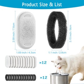 wakouter Cat Water Fountain Filters, 24 Pack Triple Filtration System Automatic Pet Filters, 12 Pcs Carbon Filters and 12 Pcs Foam Filter, for Pet Water Fountain Filters Replacement
