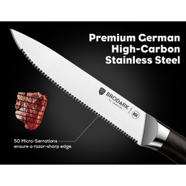 BRODARK Steak Knives Set of 4: 4.5 Inch Serrated Dinner Knives with Wood Handle - High Carbon Stainless Steel Steak Knife - NSF Certified Food Grade Steel, Rust Resistant & Never Need Sharpening