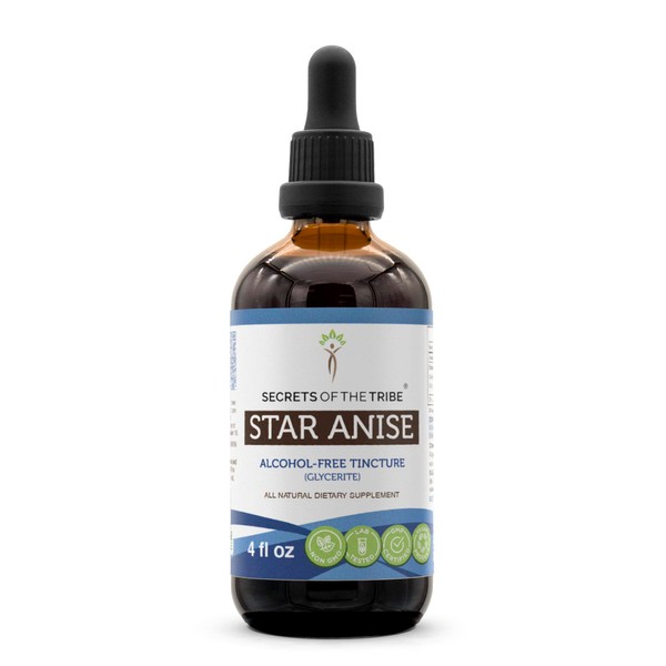 Secrets of the Tribe Star Anise Alcohol-Free Extract Tincture, Star Anise (Illicium verum) Dried Seed (4 fl oz)