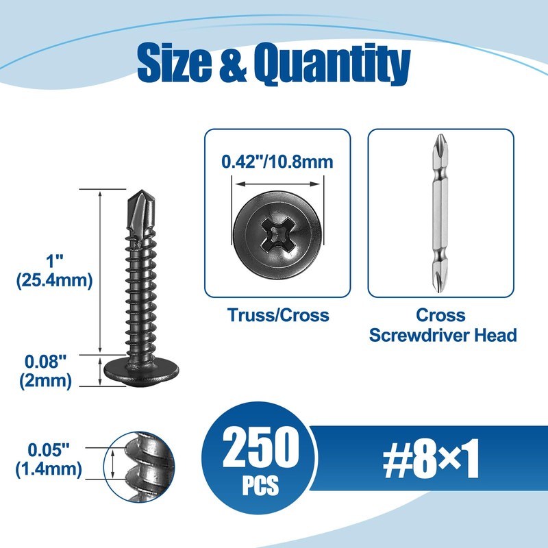 ANCHOREASE #8×1″ Sheet Metal Screws 250Pcs, 410 Stainless Steel Self