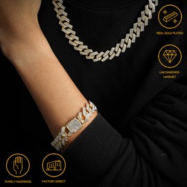 HALUKAKAH Diamond Prong Cuban Link Chain for Men in 24K Real Gold Plated Vermeil Sterling Silver 15MM Wide Rhombus Gold Chain Necklace 45cm,Lab Diamonds Prong Set,with Giftbox