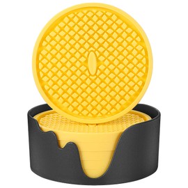 ME.FAN Silicone Coasters [6 Pack] Thickened Drink Coasters with Holder - Cup Mat - Non-Slip, Non-stick, Stay Put, Deep Tray - Prevents Furniture and Tabletop Damages(Yellow)
