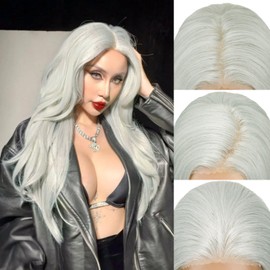 SISICLOUD Grey Lace Front Wig for Women Long Straight Layered Synthetic Siver Gray Wig 4x6 HD Lace Wear and Go Glueless Wigs for Girls Party Cosplay and Daily Use 26 Inch
