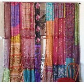 RAJBHOOMI HANDICRAFTS Indian Old 2 Piece Silk Sari Curtains Bed Room Rod Pocket Curtain 84 X 42 inches (Assorted)