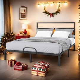 YITAHOME Queen Size Bed Frame with Headboard, Heavy-Duty Platform with Strong Metal Slats, No Box Spring Needed, Easy Assembly, Matte & Black