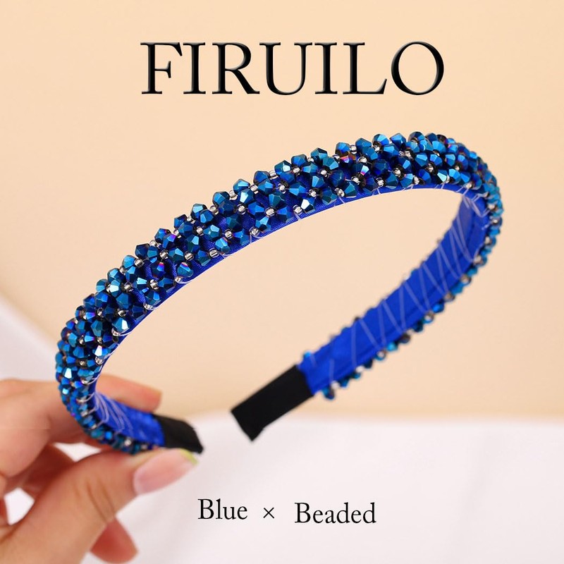 Firuilo Beaded Headbands Navy Blue Thin Hairbands Holiday Party Hair