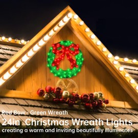 Outdoor Christmas Wreath Decoration - 24" Bright LED Christmas Wreath Lights with Bow, Large Lighted Christmas Wreaths Window Lights for Wall, Windows, Front Door Decor, Red Bow - Green Wreath