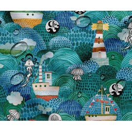 Soimoi Waterproof Outdoor Fabric by 3 Metre | Ocean Design on Green | 56" Wide | UV Resistant & Durable Taffeta Material for Cushions, Covers, Curtains, Awning & DIY Projects