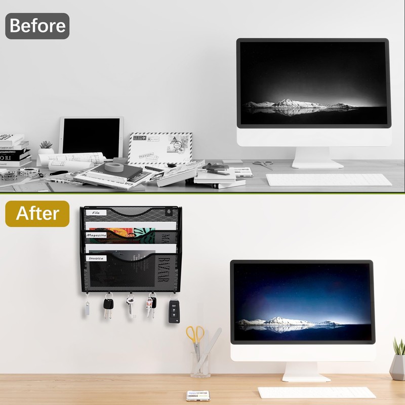 EasyPAG 3 Pocket Mesh Wall File Organizer with Key Hooks,