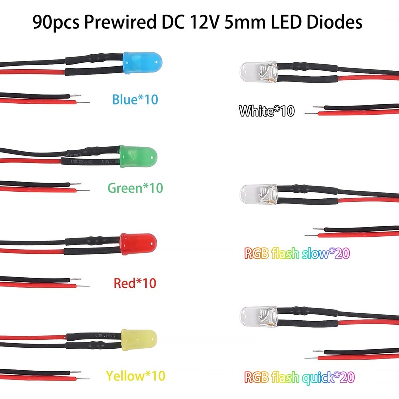 90PCS 12V LED Lights Emitting Diodes 5mm 7 Colors Pre