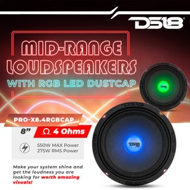 DS18 PRO-X8.4RGBCAP 8" Mid-Range Loudspeaker 550 Watts 4-Ohms Car Speaker with RGB Lights - Best Pro Audio Door Speakers for Car or Truck Stereo Sound System - 1 Speaker