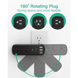 2 Pack USB Outlet Extender- with Rotating Plug, 6 AC Multi Plug Outlet and 3 USB Ports (1 USB C), 3-Sided Swivel Power Strip with Spaced Outlet Splitter for Home, Office, Travel (Black)