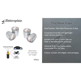 Elektroplate Baseball Matte Chrome Aluminum Tire Valve Stem Caps | Universal Fit for Cars, Bikes, Trucks, RVs, Motorcycles, Trailers (Pack of 4)