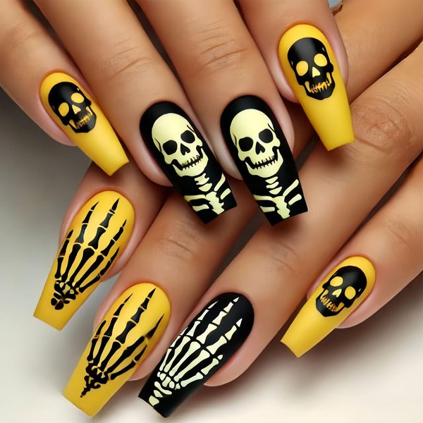 Halloween Press on Nails Long Coffin Fake Nails with Designs