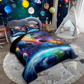 Feelyou Universe Galaxy Comforter Set Full Size Kids Planets Earth Bedding Set Boy Girl Teen Solar System Comforter Breathable Outer Space Duvet Set Nebula Quilt Set