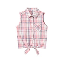 Eymitory Girls Western Shirt Plaid Sleeveless Button Down Cowgirl Outfits Tie Knot Blouse Shirts Tops A-Pink