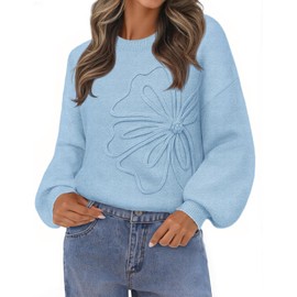 MEROKEETY Women's Floral Sweater Crew Neck Lantern Sleeve 2025 Fall Winter Trendy Warm Chunky Pullover Tops, Blue, X-Large
