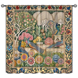 FengMingRui William Morris Curtains Watercolor Vintage Peacock Flower Boho Blackout Window Treatment for Bedroom Living Room Kitchen Privacy Decor Window Drapes 42" W X 45" L