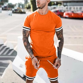 congluoki Mens Short Sets 2 Piece Outfits Fashion Short Sleeve Summer Tracksuits Casual Set with Pockets Orange Red XXL