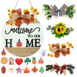 Interchangeable Welcome Sign for Front Door with 4 Seasonal Wreaths and 14 Changeable Icons, Farmhouse Front Porch Décor, Front Door Decoration, Seasonal Rustic Wooden Wall Sign Home décor (7wood)