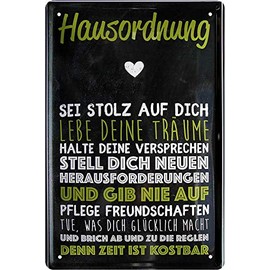 Tin Signs Saying "Hausordnung – Sei stolz auf Dich" Decorative Sign Metal Sign House Entrance Life Happiness Family Door Gift for Birthday or Christmas 20 x 30 cm
