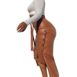 Womens High Waisted Belted Leather Pencil Skirt Side Button Split Faux Leather Work Midi Skirt Wrap(BR-L) Brown