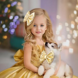 YanJie Glitter Gold Hair Bow for Girls Metallic Bows Toddler Teen Kids Hair Accessories Shiny Sequin Pigtail Bows for Christmas New Year Gift