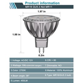 GOHDLAMP MR16 5W LED Bulbs Energy-Efficient- 6 Pack, 2700K Warm White, 450lm, 38° Beam, Replaces 50W Halogen, 12V GU5.3 Spotlight for Outdoor/Indoor Lighting