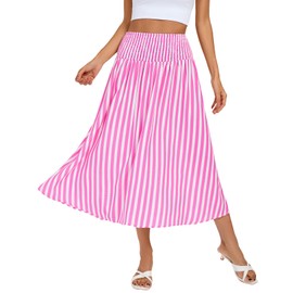 Kate Kasin Women Summer Beach Midi Skirt A Line Pleated High Waisted Skirt Smocked Tummy Control Striped Skirts 2025 Pink L