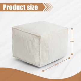 Pouf Ottoman Square Stuffed for Foot Rest, Storage Ottoman Pouf Foot Stool Cushion, Corduroy Poufs with Foam Chunk Filling, 20 X 15 Inch Floor Chair for Living Room Bedroom Home Decor, Beige