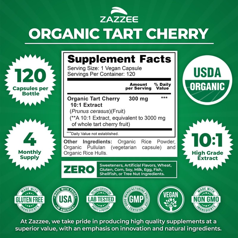 Zazzee USDA Organic Tart Cherry 10:1 Extract, 120 Vegan Capsules,