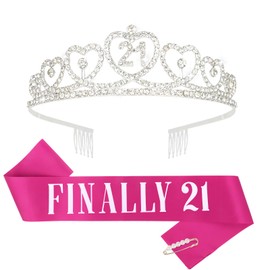 Amariver 21st Birthday Sash and Crown for Girls Finally 21 Birthday Sash Silver Birthday Crown Rhinestones Birthday Tiara Happy Birthday Crown Hot Pink Sash 21st Birthday Gifts Birthday Party Supplies