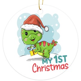 My 1st Christmas - Cute Dinosaur with Presents Newborn Christmas Ornament - Christmas Oranment - Xmas Tree Decoration - Fun 2023 Christmas Ornament - 3" Round PVC Ornament - Printed in USA AAO033