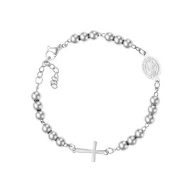 Cupimatch Women's Religious Rosary Bracelet: Women's Bracelet with Latin Cross Christian St Benedict Medal Plate Stainless Steel Bracelet for Women and Girls