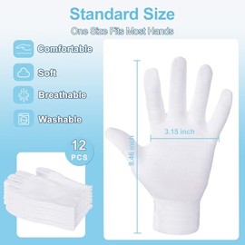 Paquete de 12 guantes de algodón blanco, para manos secas, cuidado del eccema y la hidratación nocturna, juego de guantes de spa elásticos unisex suav