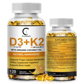 Vitamin D3 K2 Supplement with Vitamin D3 5000 IU, 200 mcg Vitamin K2 MK-7 & Natural Coconut Oil, Plant Based 2-1 Formula for Bone, Teeth, Muscle and Immune Health Support,120 Softgel Capsules