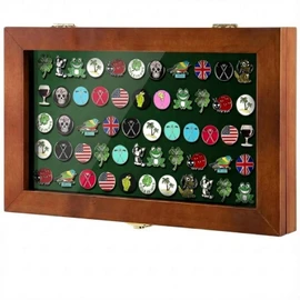 Silipull 40 Golf Ball Marker Display Case Full Magnetic Backing 15.5" W x 9.5" H Wall Mount Wooden W/98% UV Acrylic Door Lockable Storage Display Box for Ball Marker Collection (Brown)