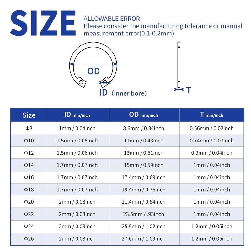 160PCS Metric 304 Stainless Steel C-Clips Internal Retaining Ring Assortment